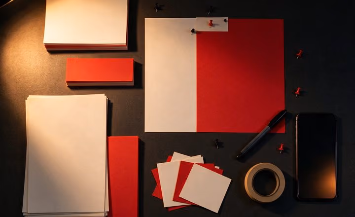 Flyers and cards laid out on a desk